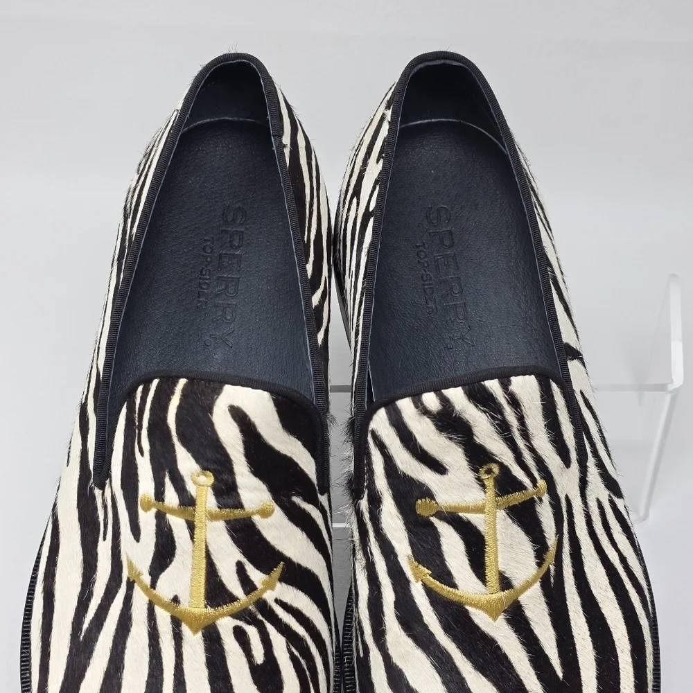 Sperry zebra-striped Leather Fur Slip On Loafers Shoes STS18365 Men's Size 11